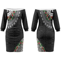 Fiji Hibiscus Couples Matching Off The Shoulder Long Sleeve Dress and Long Sleeve Button Shirt Tapa Masi Motifs with Tropical Plants LT03 - Polynesian Pride