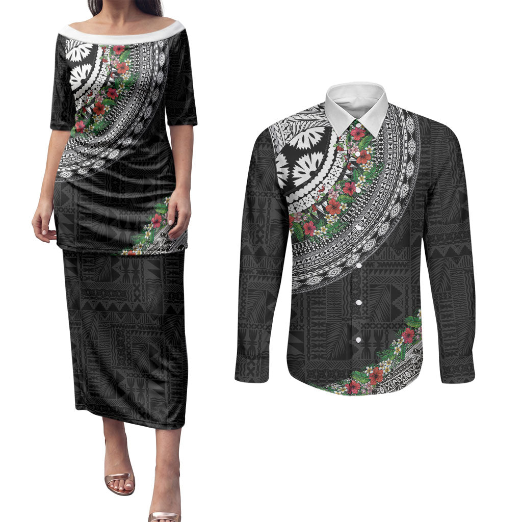 Fiji Hibiscus Couples Matching Puletasi and Long Sleeve Button Shirt Tapa Masi Motifs with Tropical Plants LT03 Black - Polynesian Pride