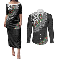 Fiji Hibiscus Couples Matching Puletasi and Long Sleeve Button Shirt Tapa Masi Motifs with Tropical Plants LT03 Black - Polynesian Pride