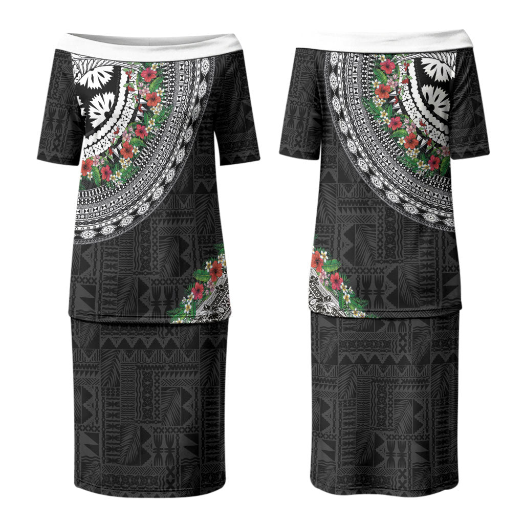 Fiji Hibiscus Couples Matching Puletasi and Long Sleeve Button Shirt Tapa Masi Motifs with Tropical Plants LT03 - Polynesian Pride