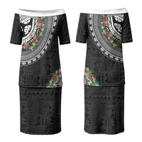 Fiji Hibiscus Couples Matching Puletasi and Long Sleeve Button Shirt Tapa Masi Motifs with Tropical Plants LT03 - Polynesian Pride