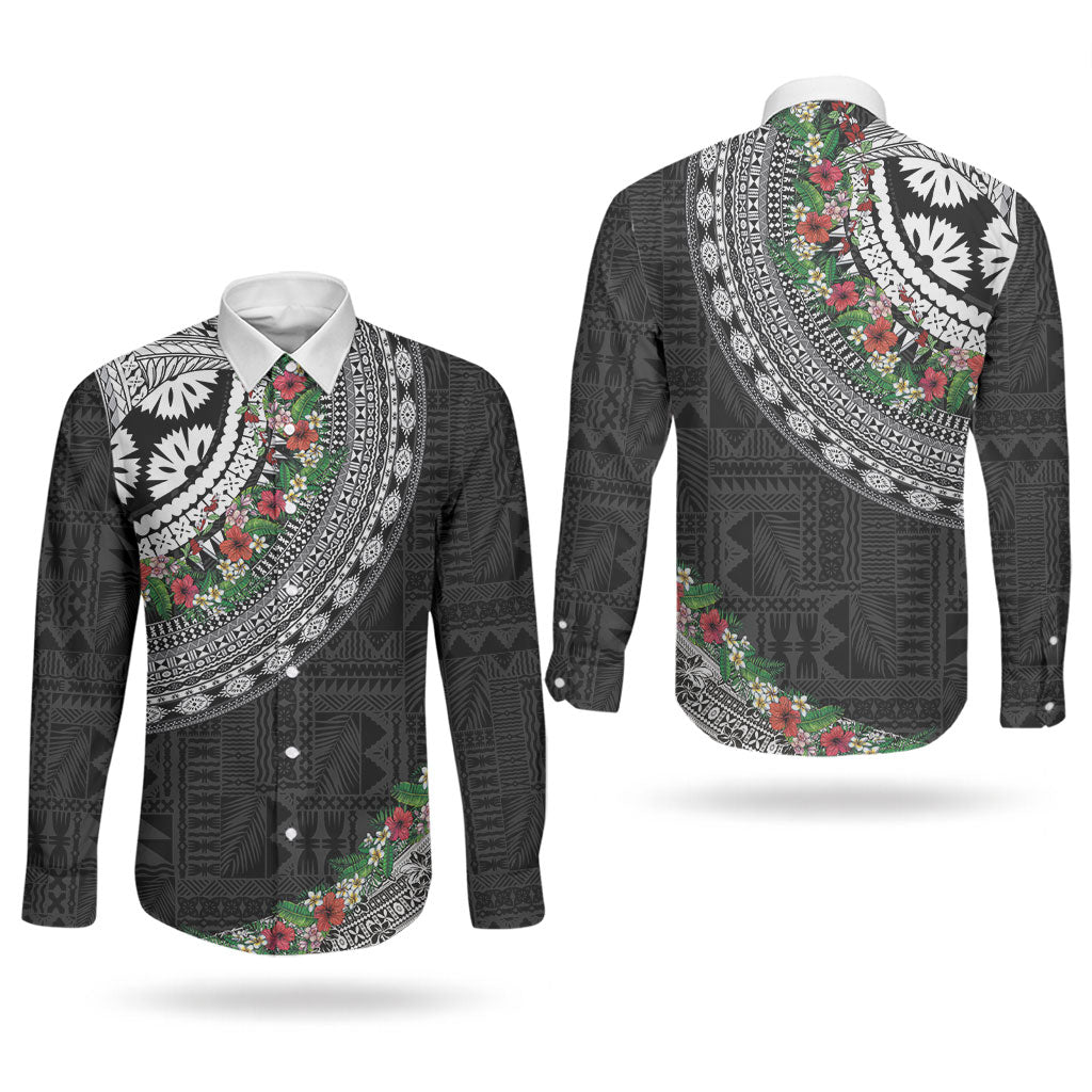 Fiji Hibiscus Couples Matching Short Sleeve Bodycon Dress and Long Sleeve Button Shirt Tapa Masi Motifs with Tropical Plants LT03 - Polynesian Pride