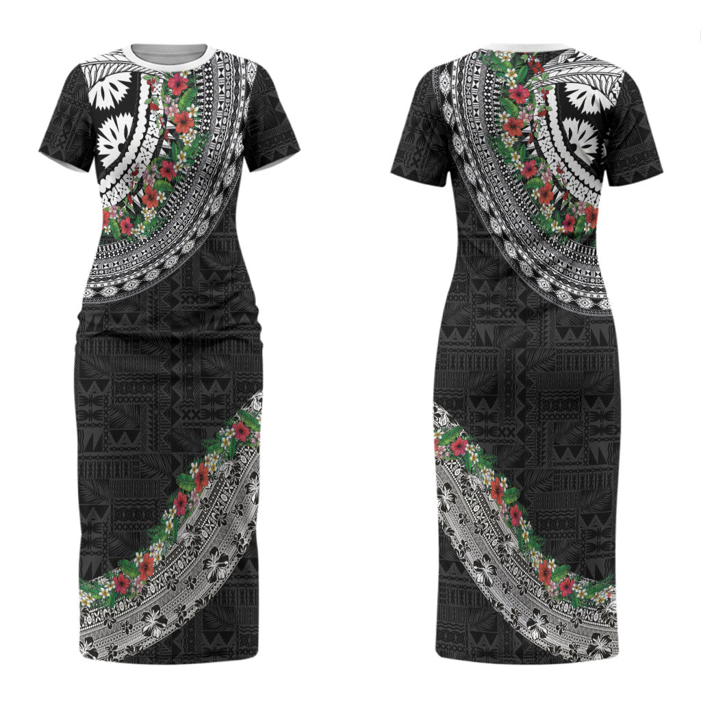 Fiji Hibiscus Couples Matching Short Sleeve Bodycon Dress and Long Sleeve Button Shirt Tapa Masi Motifs with Tropical Plants LT03 - Polynesian Pride