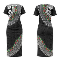 Fiji Hibiscus Couples Matching Short Sleeve Bodycon Dress and Long Sleeve Button Shirt Tapa Masi Motifs with Tropical Plants LT03 - Polynesian Pride