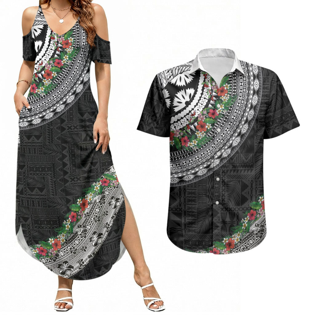 Fiji Hibiscus Couples Matching Summer Maxi Dress and Hawaiian Shirt Tapa Masi Motifs with Tropical Plants LT03 Black - Polynesian Pride