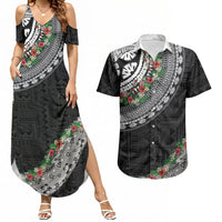 Fiji Hibiscus Couples Matching Summer Maxi Dress and Hawaiian Shirt Tapa Masi Motifs with Tropical Plants LT03 Black - Polynesian Pride