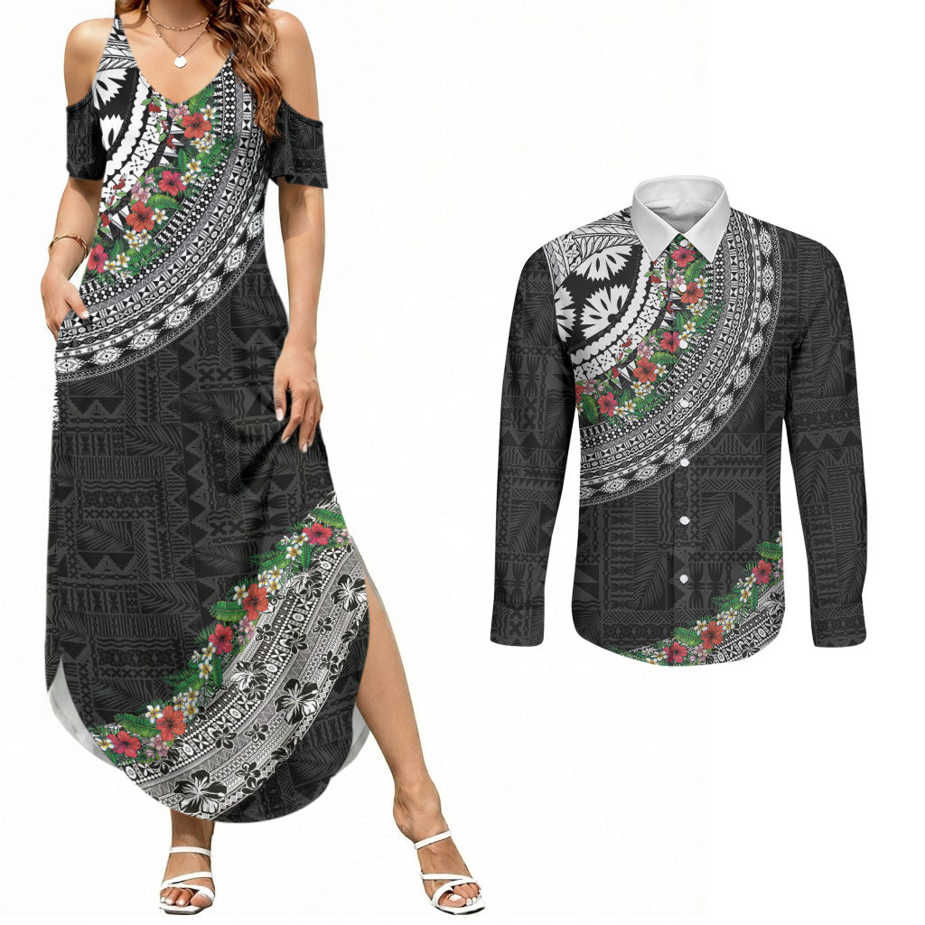 Fiji Hibiscus Couples Matching Summer Maxi Dress and Long Sleeve Button Shirt Tapa Masi Motifs with Tropical Plants LT03 Black - Polynesian Pride
