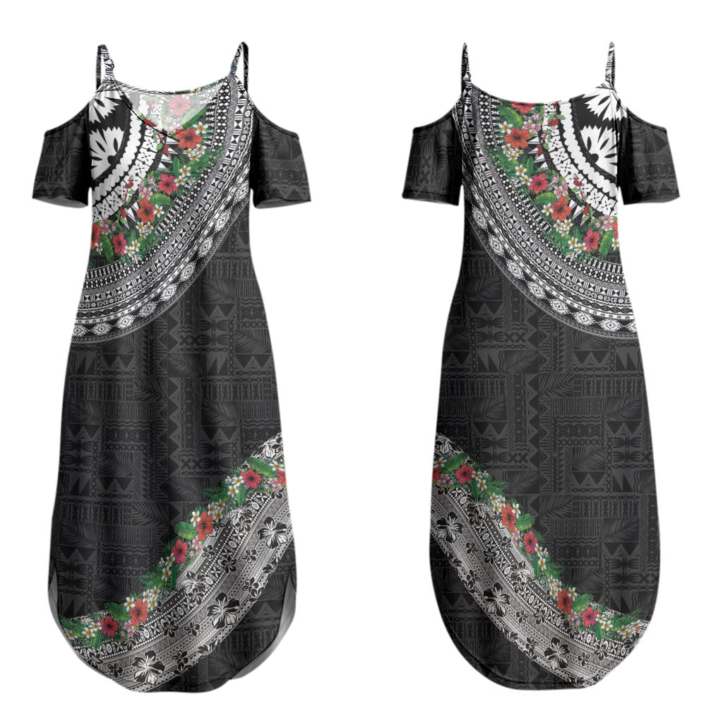Fiji Hibiscus Couples Matching Summer Maxi Dress and Long Sleeve Button Shirt Tapa Masi Motifs with Tropical Plants LT03 - Polynesian Pride