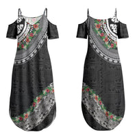 Fiji Hibiscus Couples Matching Summer Maxi Dress and Long Sleeve Button Shirt Tapa Masi Motifs with Tropical Plants LT03 - Polynesian Pride