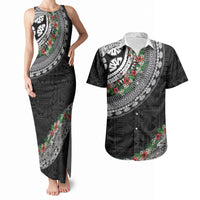 Fiji Hibiscus Couples Matching Tank Maxi Dress and Hawaiian Shirt Tapa Masi Motifs with Tropical Plants LT03 Black - Polynesian Pride