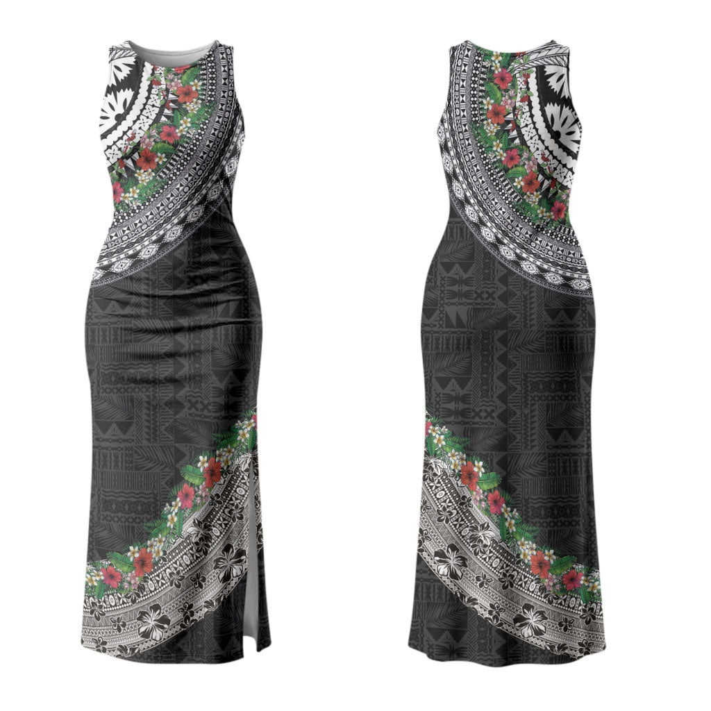 Fiji Hibiscus Couples Matching Tank Maxi Dress and Hawaiian Shirt Tapa Masi Motifs with Tropical Plants LT03 - Polynesian Pride