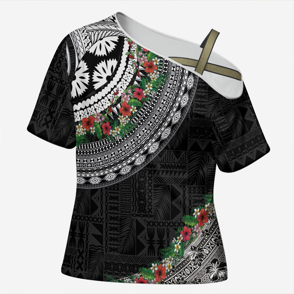 Fiji Hibiscus Cross Shoulder Shirt Tapa Masi Motifs with Tropical Plants LT03 Female Black - Polynesian Pride