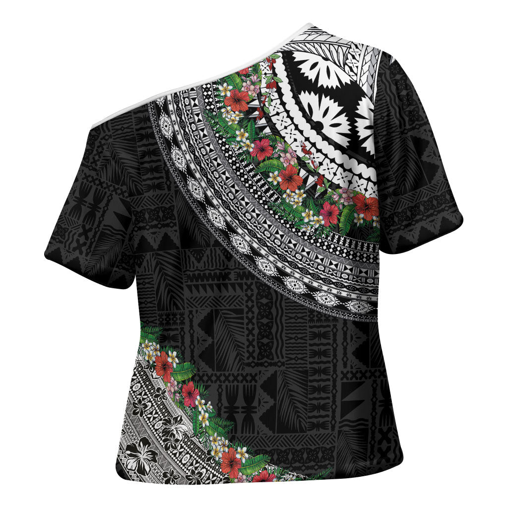 Fiji Hibiscus Cross Shoulder Shirt Tapa Masi Motifs with Tropical Plants LT03 - Polynesian Pride