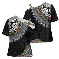Fiji Hibiscus Cross Shoulder Shirt Tapa Masi Motifs with Tropical Plants LT03 - Polynesian Pride