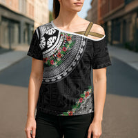Fiji Hibiscus Cross Shoulder Shirt Tapa Masi Motifs with Tropical Plants LT03 - Polynesian Pride