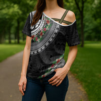 Fiji Hibiscus Cross Shoulder Shirt Tapa Masi Motifs with Tropical Plants LT03 - Polynesian Pride