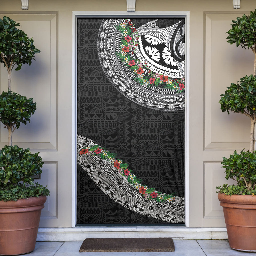 Fiji Hibiscus Door Cover Tapa Masi Motifs with Tropical Plants LT03 Black - Polynesian Pride