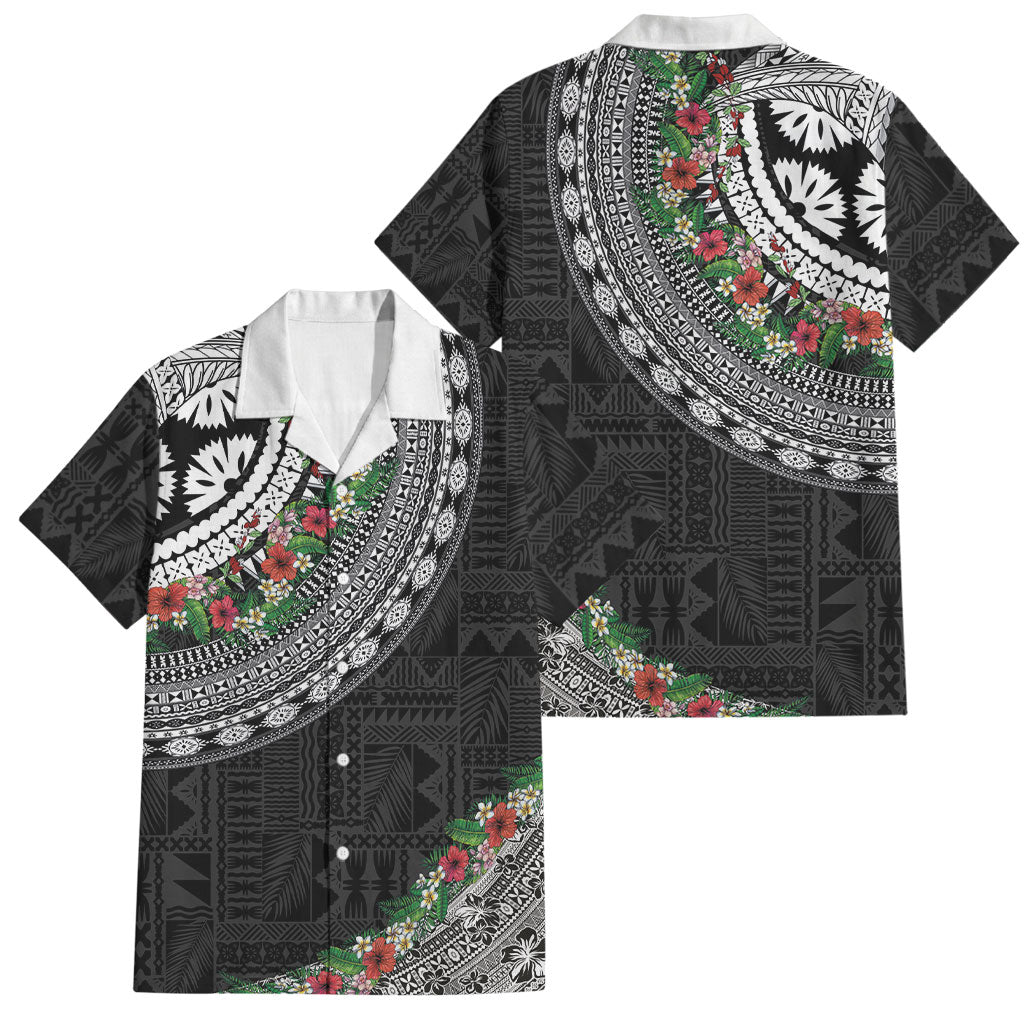 Fiji Hibiscus Family Matching Off Shoulder Short Dress and Hawaiian Shirt Tapa Masi Motifs with Tropical Plants LT03 Dad's Shirt - Short Sleeve Black - Polynesian Pride