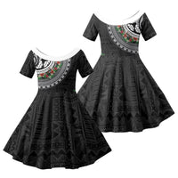 Fiji Hibiscus Family Matching Off Shoulder Short Dress and Hawaiian Shirt Tapa Masi Motifs with Tropical Plants LT03 Daughter's Dress Black - Polynesian Pride