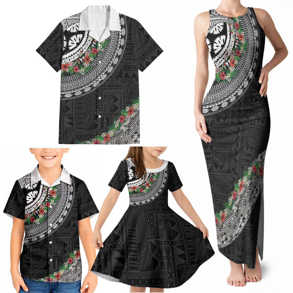 Fiji Hibiscus Family Matching Tank Maxi Dress and Hawaiian Shirt Tapa Masi Motifs with Tropical Plants LT03 - Polynesian Pride