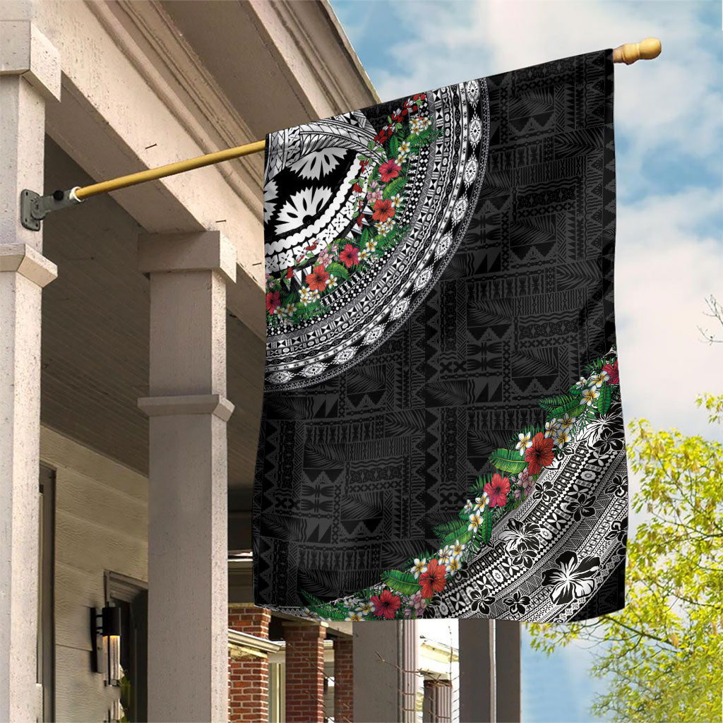 Fiji Hibiscus Garden Flag Tapa Masi Motifs with Tropical Plants LT03 House Flag Black - Polynesian Pride