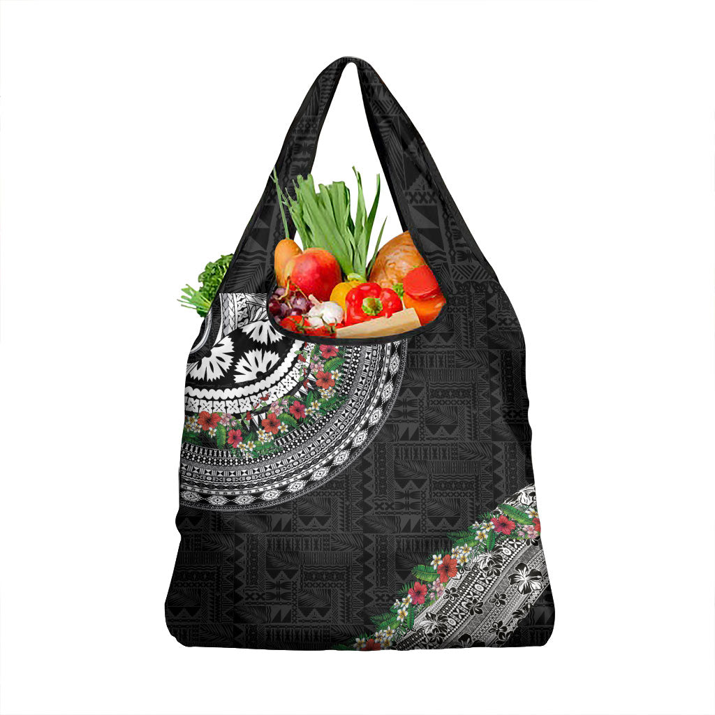 Fiji Hibiscus Grocery Bag Tapa Masi Motifs with Tropical Plants LT03 1-pack One Size Black - Polynesian Pride