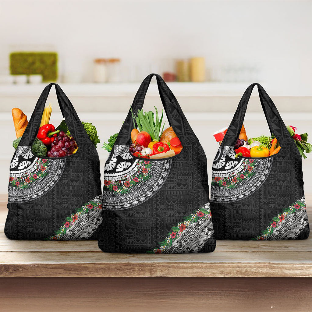 Fiji Hibiscus Grocery Bag Tapa Masi Motifs with Tropical Plants LT03 3-pack One Size Black - Polynesian Pride