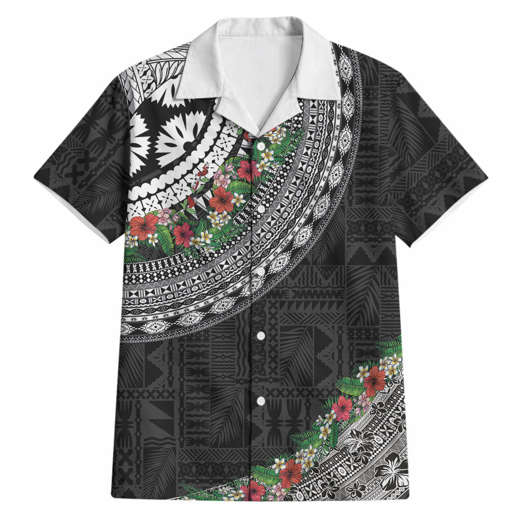 Fiji Hibiscus Hawaiian Shirt Tapa Masi Motifs with Tropical Plants LT03 Black - Polynesian Pride