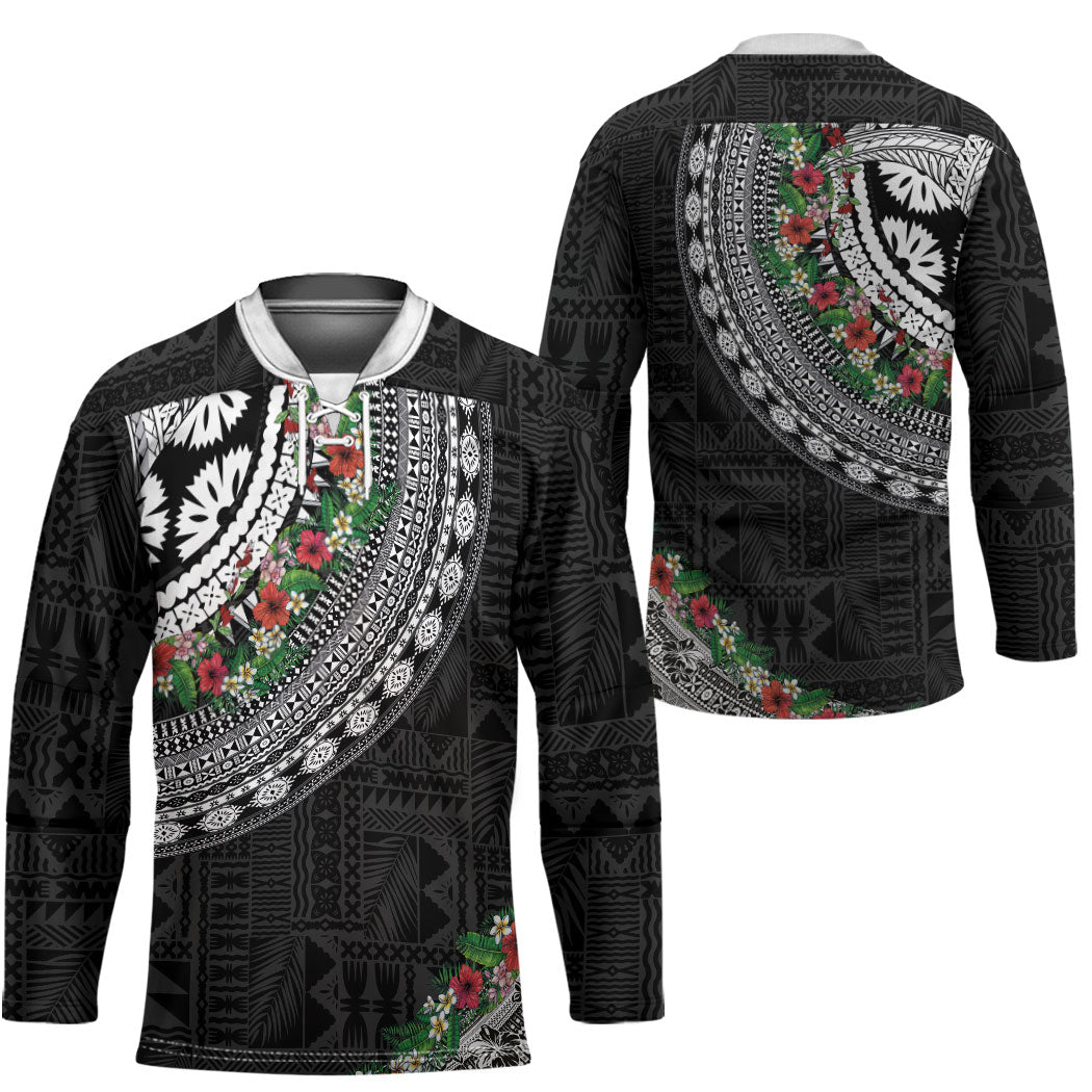 Fiji Hibiscus Hockey Jersey Tapa Masi Motifs with Tropical Plants LT03 - Polynesian Pride