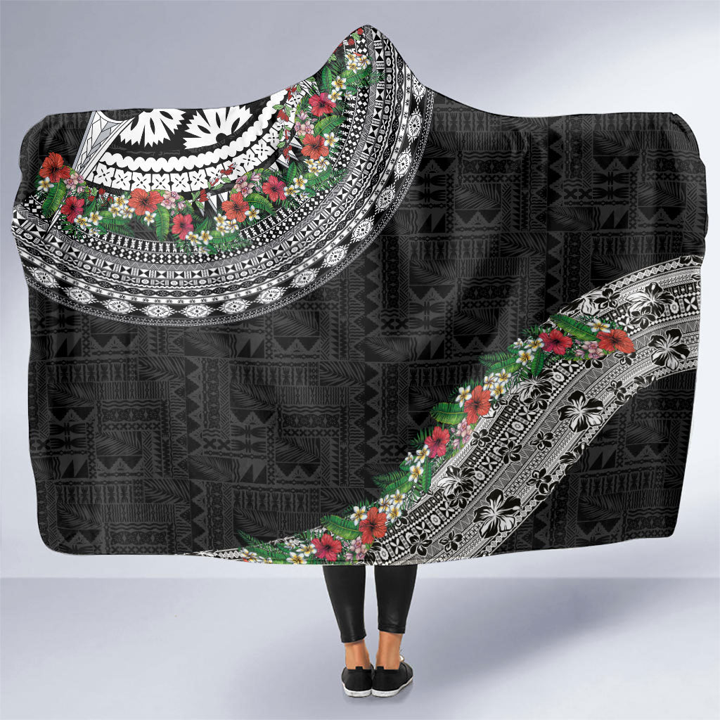 Fiji Hibiscus Hooded Blanket Tapa Masi Motifs with Tropical Plants LT03 One Size Black - Polynesian Pride