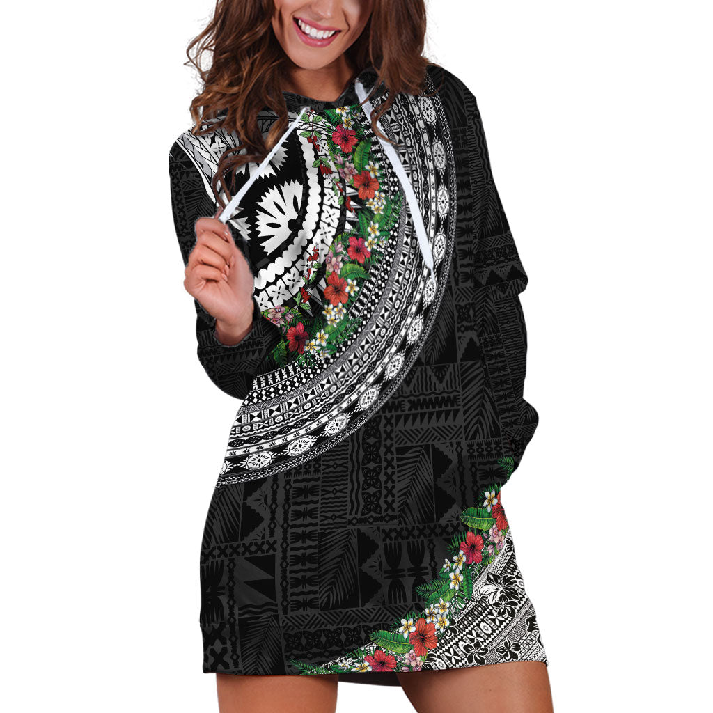 Fiji Hibiscus Hoodie Dress Tapa Masi Motifs with Tropical Plants LT03 Black - Polynesian Pride