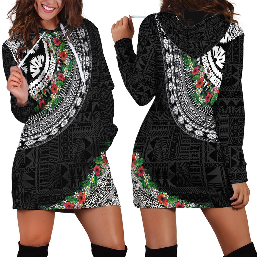 Fiji Hibiscus Hoodie Dress Tapa Masi Motifs with Tropical Plants LT03 - Polynesian Pride