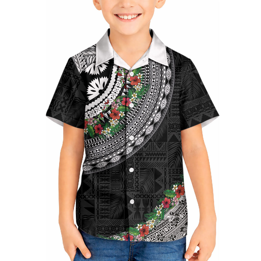 Fiji Hibiscus Kid Hawaiian Shirt Tapa Masi Motifs with Tropical Plants LT03 Kid Black - Polynesian Pride