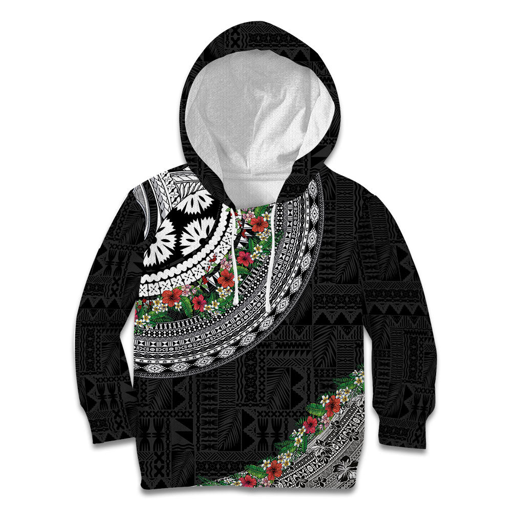 Fiji Hibiscus Kid Hoodie Tapa Masi Motifs with Tropical Plants LT03 Hoodie Black - Polynesian Pride