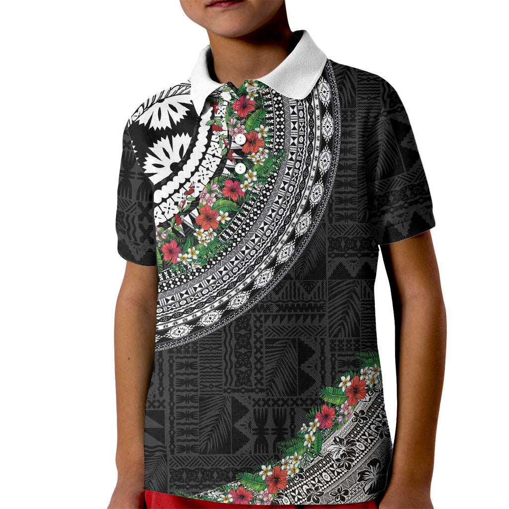 Fiji Hibiscus Kid Polo Shirt Tapa Masi Motifs with Tropical Plants LT03 Kid Black - Polynesian Pride