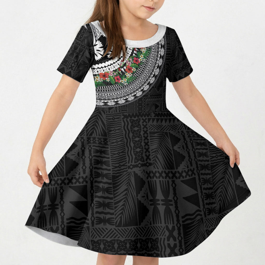 Fiji Hibiscus Kid Short Sleeve Dress Tapa Masi Motifs with Tropical Plants LT03 KID Black - Polynesian Pride