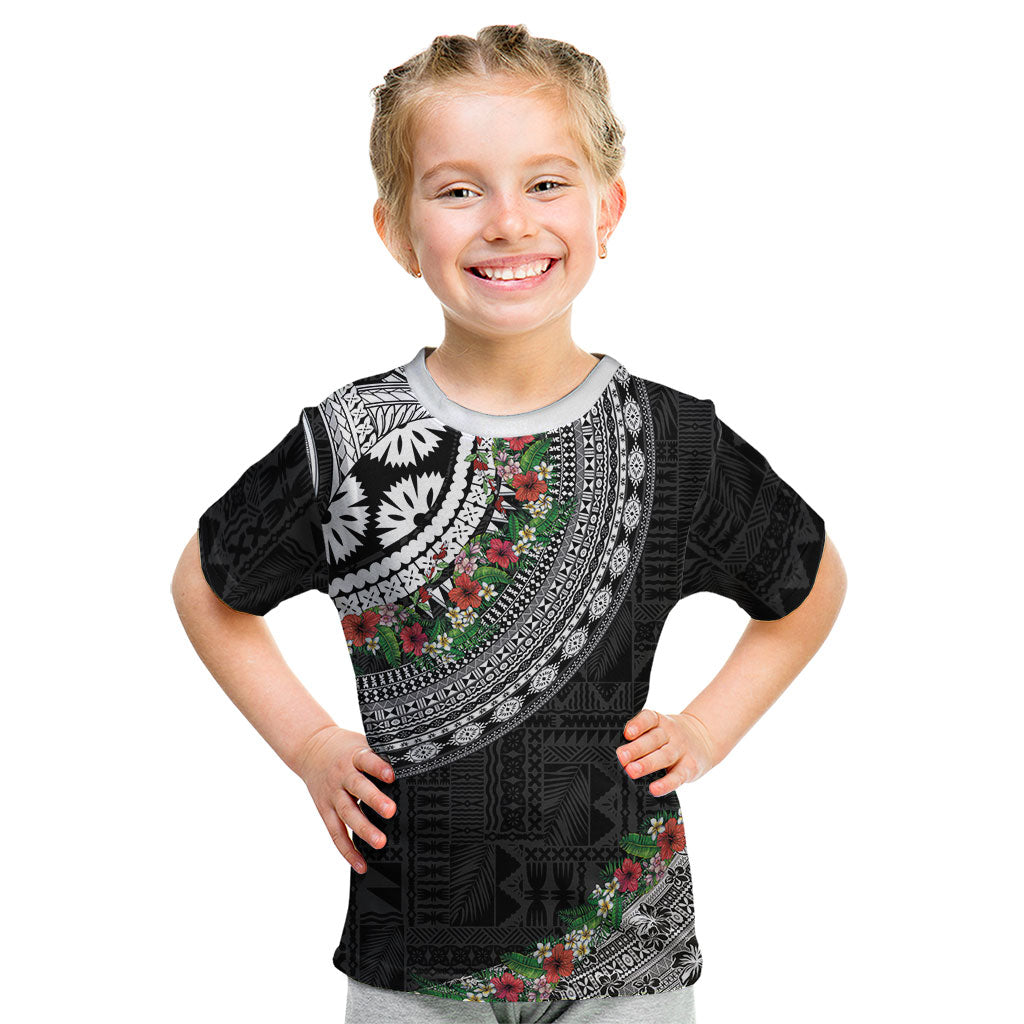 Fiji Hibiscus Kid T Shirt Tapa Masi Motifs with Tropical Plants LT03 Black - Polynesian Pride
