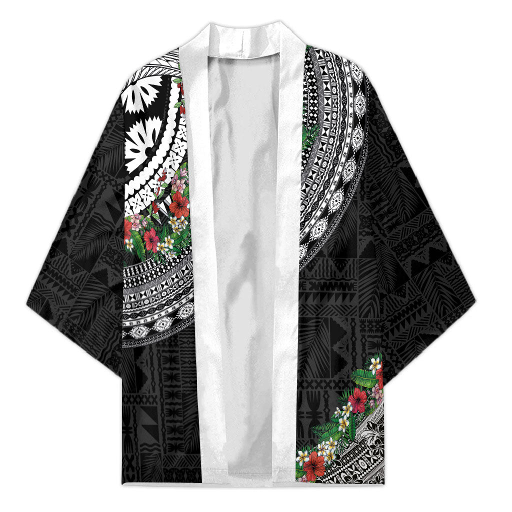 Fiji Hibiscus Kimono Tapa Masi Motifs with Tropical Plants LT03 Unisex Black - Polynesian Pride