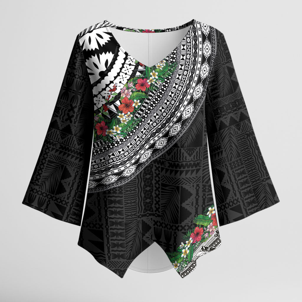 Fiji Hibiscus Kimono Sleeve Blouse Tapa Masi Motifs with Tropical Plants LT03 Female Black - Polynesian Pride