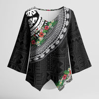 Fiji Hibiscus Kimono Sleeve Blouse Tapa Masi Motifs with Tropical Plants LT03 Female Black - Polynesian Pride