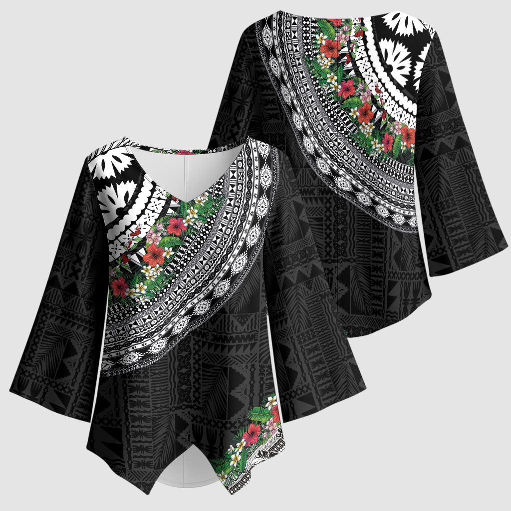 Fiji Hibiscus Kimono Sleeve Blouse Tapa Masi Motifs with Tropical Plants LT03 - Polynesian Pride