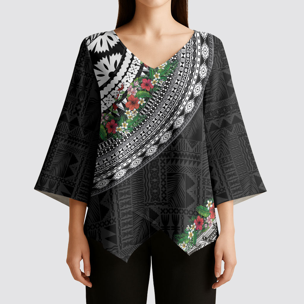 Fiji Hibiscus Kimono Sleeve Blouse Tapa Masi Motifs with Tropical Plants LT03 - Polynesian Pride