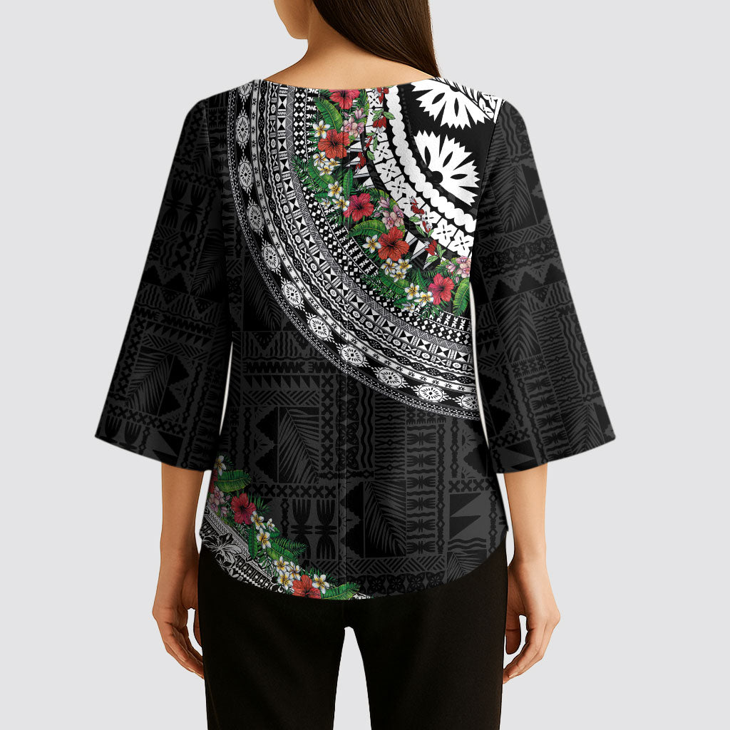 Fiji Hibiscus Kimono Sleeve Blouse Tapa Masi Motifs with Tropical Plants LT03 - Polynesian Pride