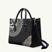 Fiji Hibiscus Leather Bag Tapa Masi Motifs with Tropical Plants LT03 Black - Polynesian Pride