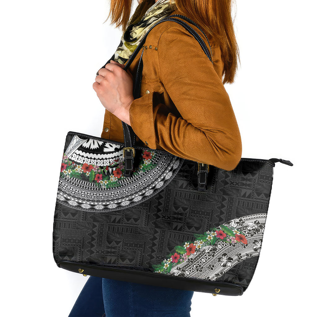 Fiji Hibiscus Leather Tote Bag Tapa Masi Motifs with Tropical Plants LT03 Black - Polynesian Pride