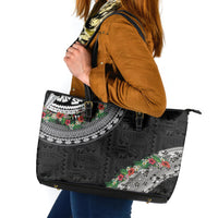 Fiji Hibiscus Leather Tote Bag Tapa Masi Motifs with Tropical Plants LT03 Black - Polynesian Pride