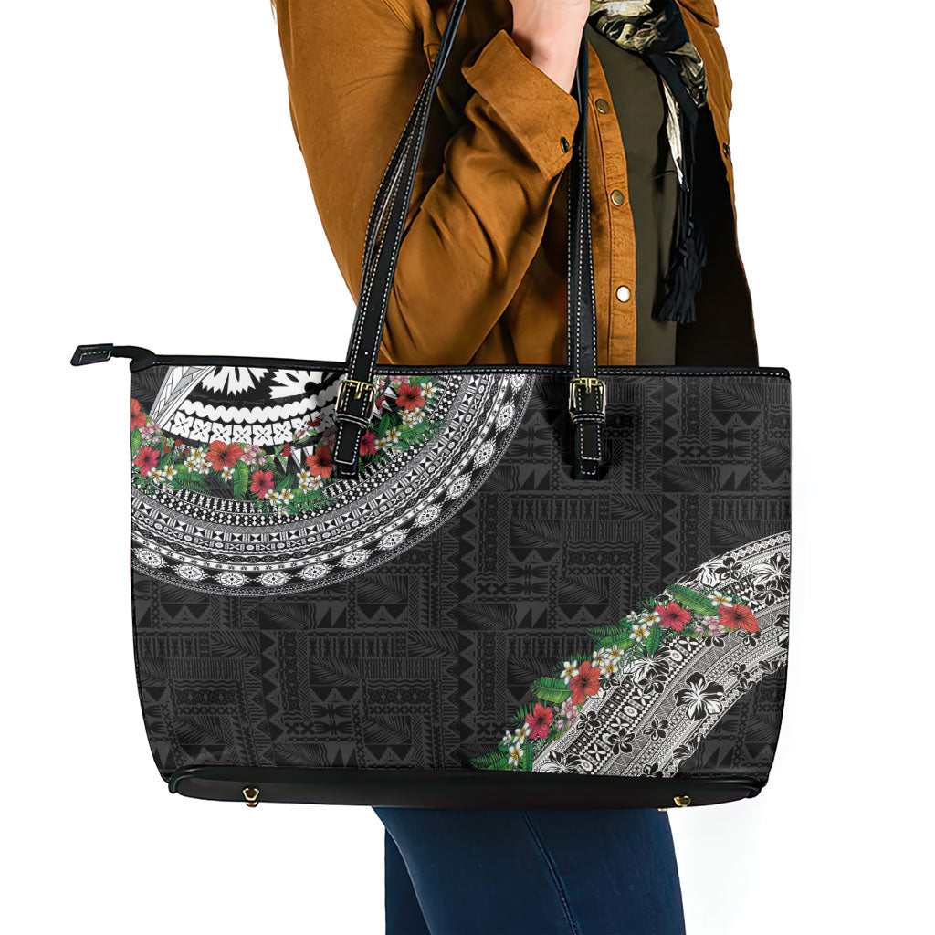 Fiji Hibiscus Leather Tote Bag Tapa Masi Motifs with Tropical Plants LT03 - Polynesian Pride