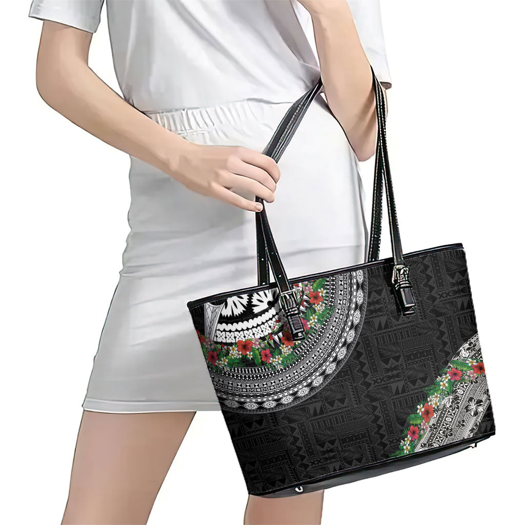 Fiji Hibiscus Leather Tote Bag Tapa Masi Motifs with Tropical Plants LT03 - Polynesian Pride