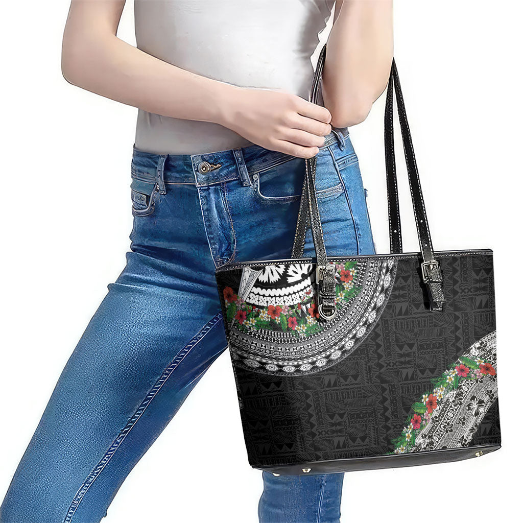 Fiji Hibiscus Leather Tote Bag Tapa Masi Motifs with Tropical Plants LT03 - Polynesian Pride