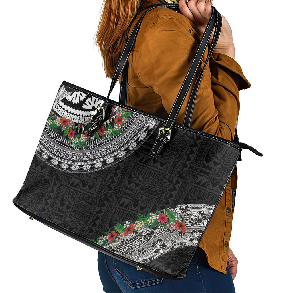 Fiji Hibiscus Leather Tote Bag Tapa Masi Motifs with Tropical Plants LT03 - Polynesian Pride